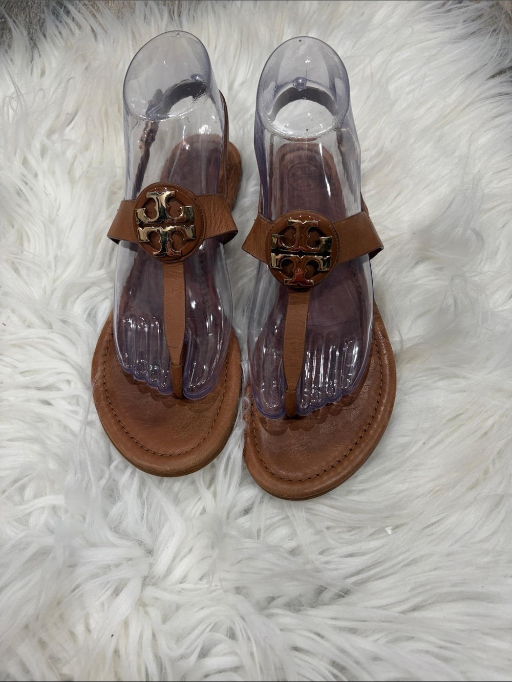 Tory Burch Brown Leather Logo Thong Sandals with Gold Medallion